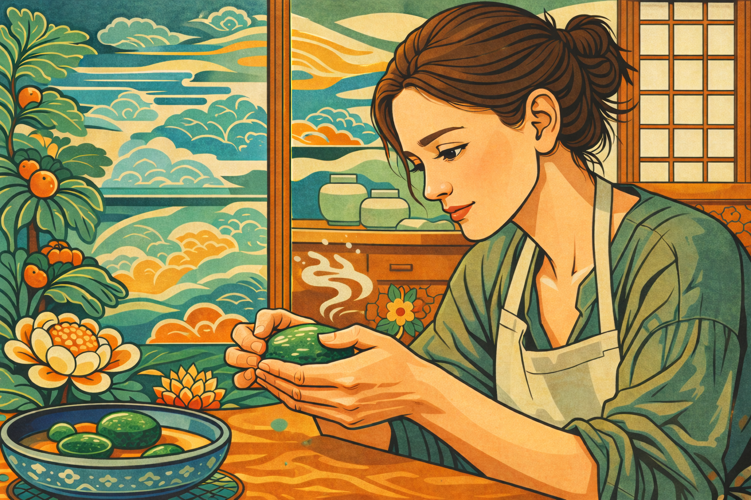 yin metal stem in K-Saju — woman polishing gem stone in hands in minhwa style Korean interior with lotus flowers