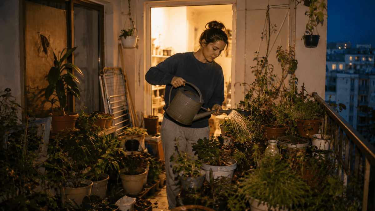 Woman watering crowded potted plants on a city balcony at night, echoing dispersed contact in the yin water stem in K-Saju