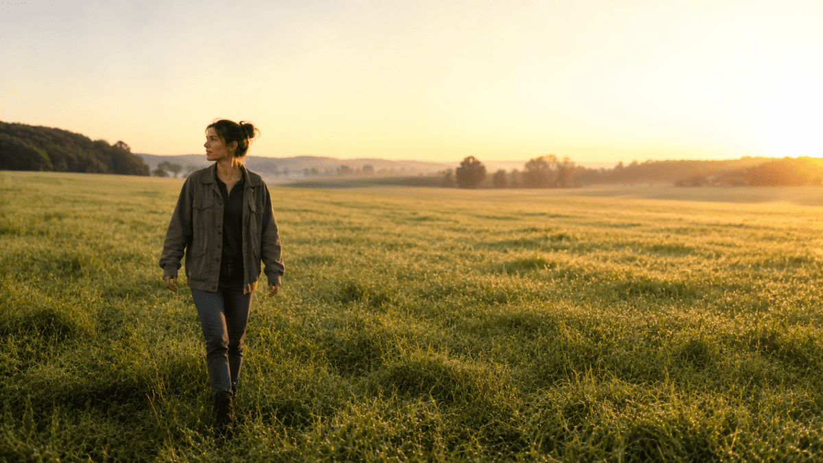 Woman walking through a dew-covered field at sunrise, reflecting peak conditions for the yin water stem in K-Saju