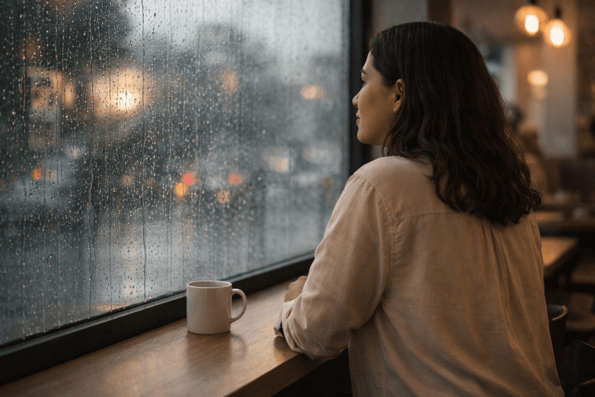 yin water stem in K-Saju — woman sitting at cafe window watching rain trace patterns on the glass
