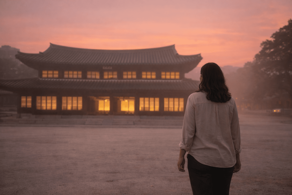 yin water stem in K-Saju — woman standing in empty palace courtyard facing lit hall through pink dawn mist