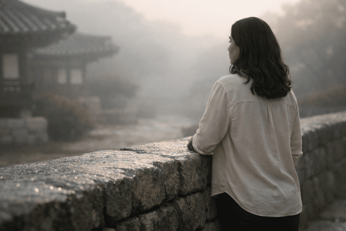 yin water stem in K-Saju — woman leaning on wet stone wall overlooking misty Korean palace garden at dawn