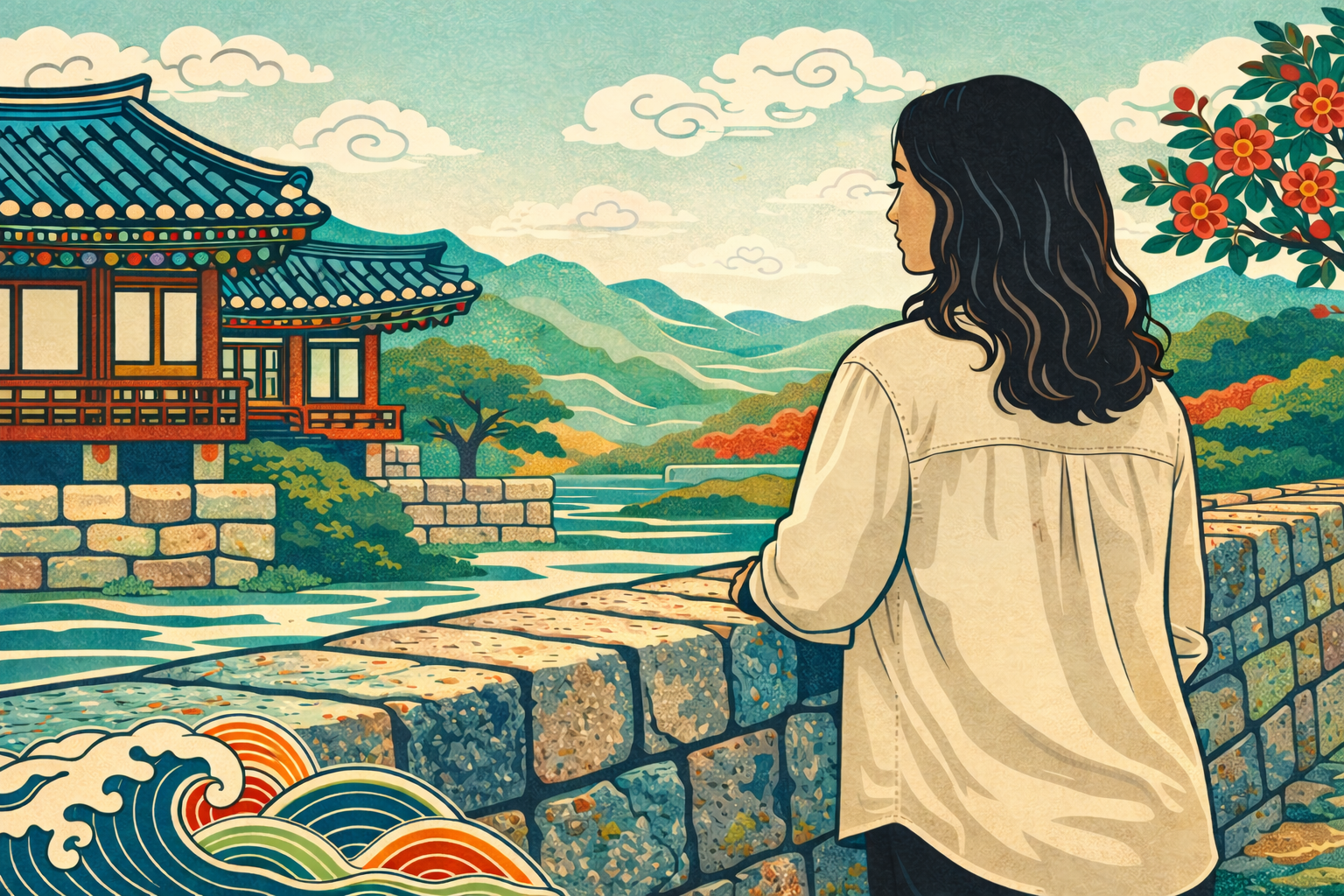 yin water stem in K-Saju — woman leaning on stone wall overlooking river and palace in minhwa style with waves below