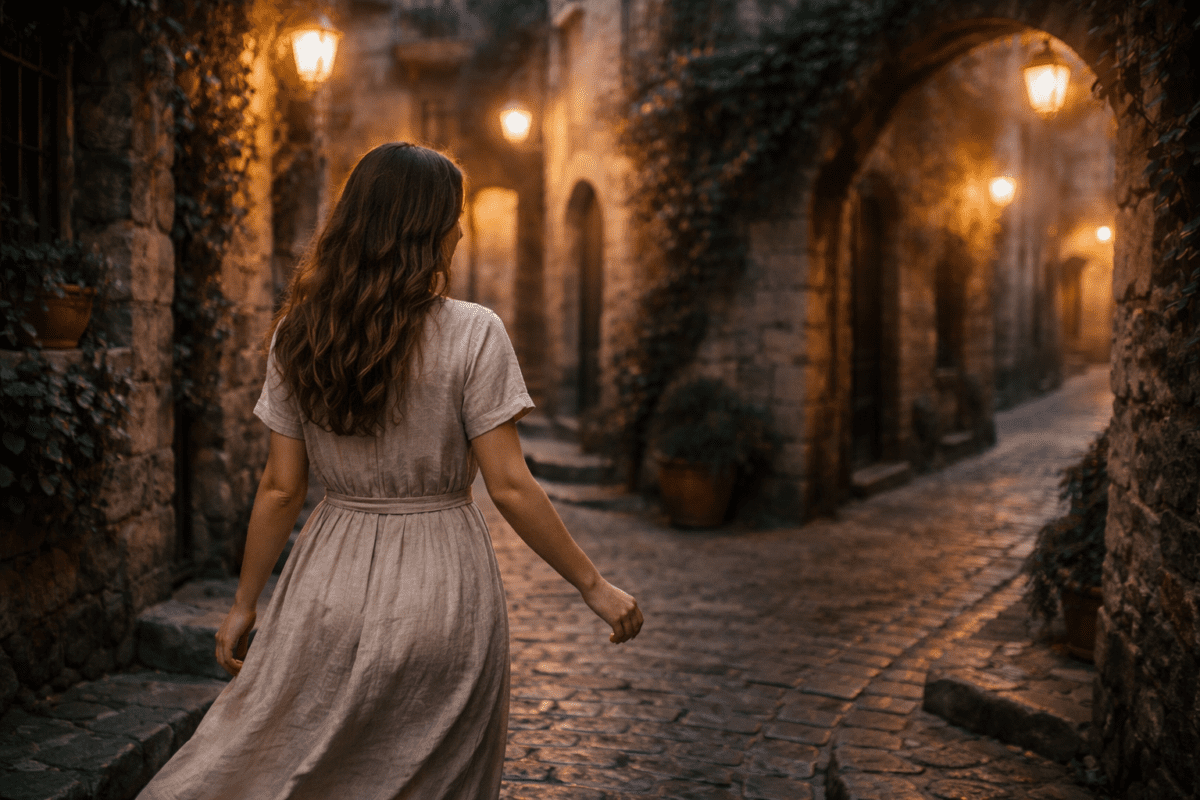 yin wood stem in K-Saju — woman walking through ivy-covered stone archway at night