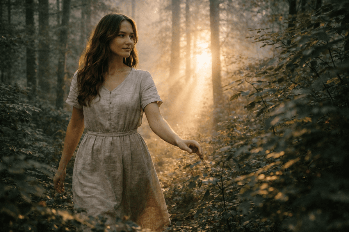 yin wood stem in K-Saju — woman walking through sunlit forest reaching toward branches