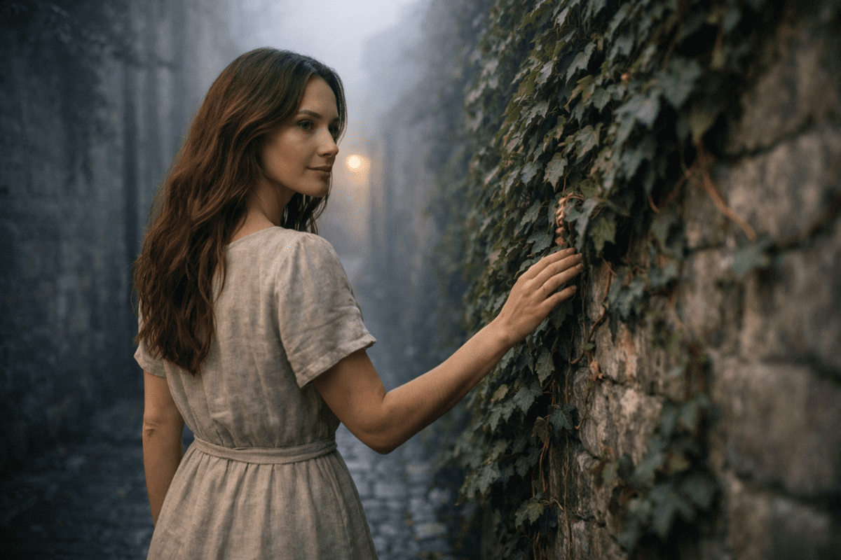 yin wood stem in K-Saju — woman touching ivy on stone wall in foggy alley