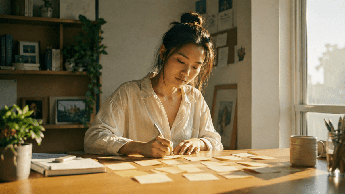 Woman writing on sticky notes at her desk in morning light, mapping the quiet decisions in the spring cycle meaning.