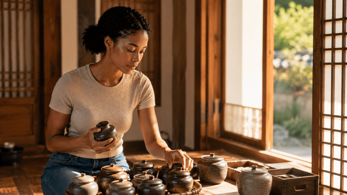 Woman selecting among storage jars in a hanok room, capturing the choice of what to keep in the afternoon cycle meaning.