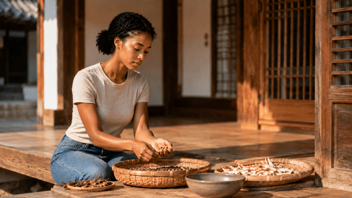 Woman sorting dried grains and herbs on a hanok porch, embodying the gathering and storage in the afternoon cycle meaning.