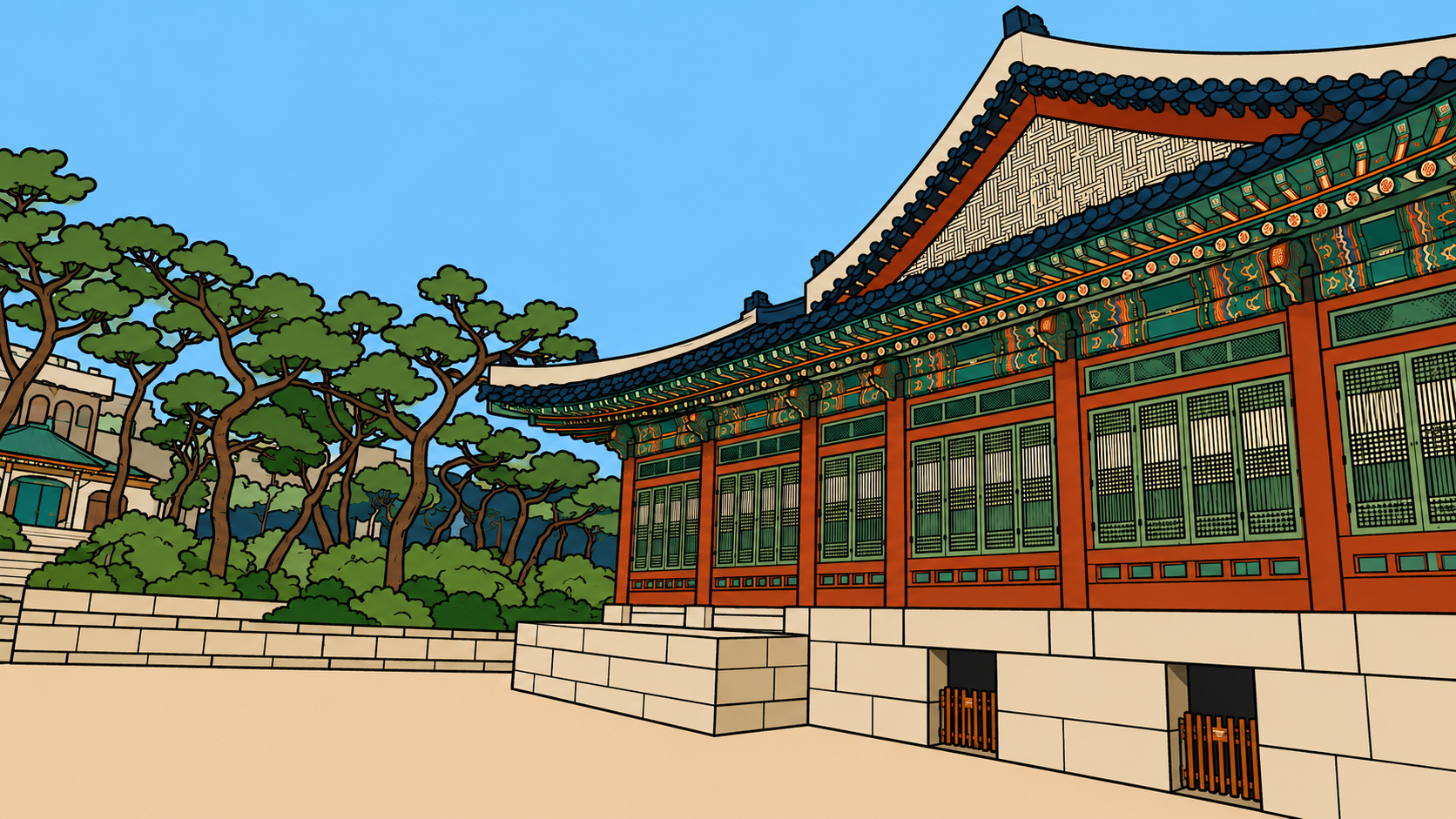 Minhwa-style illustration of a Korean palace hall in late light, representing the afternoon cycle meaning in astrology.