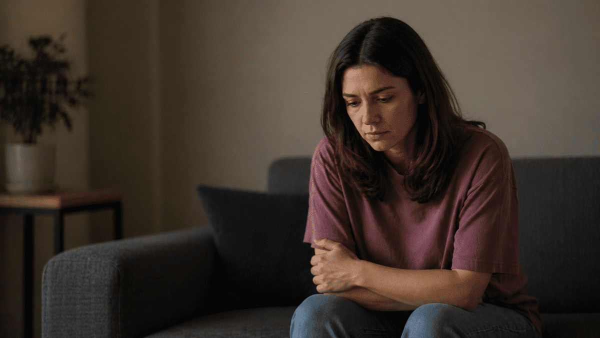 A woman sitting alone on a couch with crossed arms and a withdrawn expression, representing the pain of isolation and rejection experienced by those with anxious attachment style when they fear abandonment or disconnection.