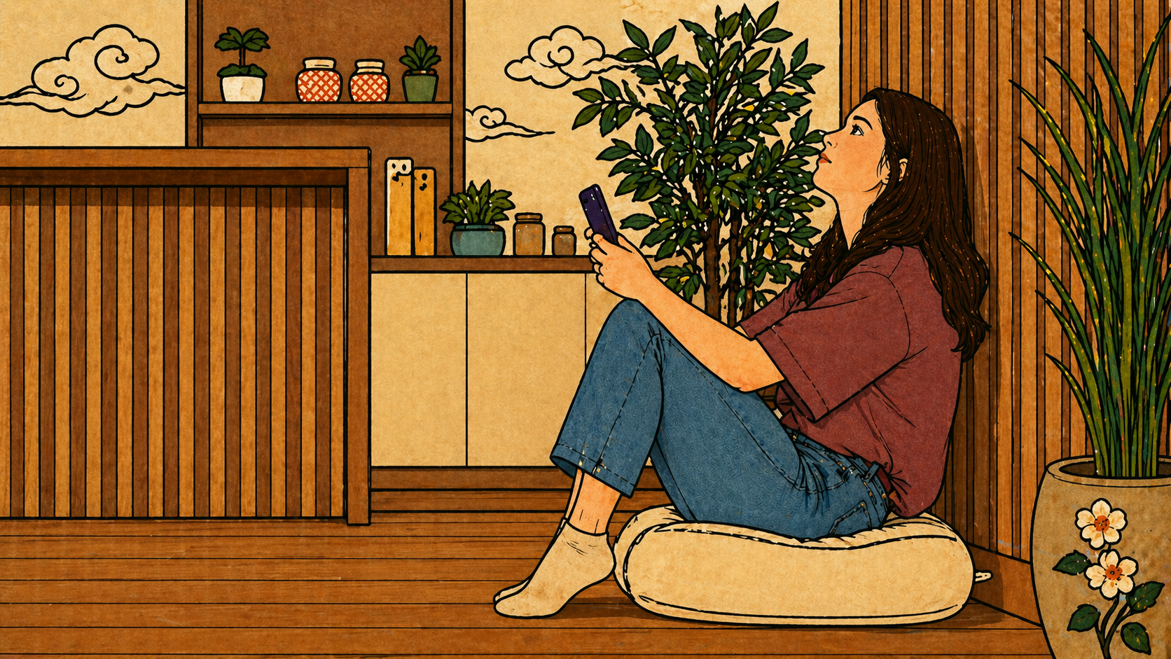 A woman sitting in a peaceful home environment surrounded by plants, holding her phone and looking upward with hope and anticipation, illustrated in a warm style representing the anxious attachment style's constant seeking of reassurance and connection.