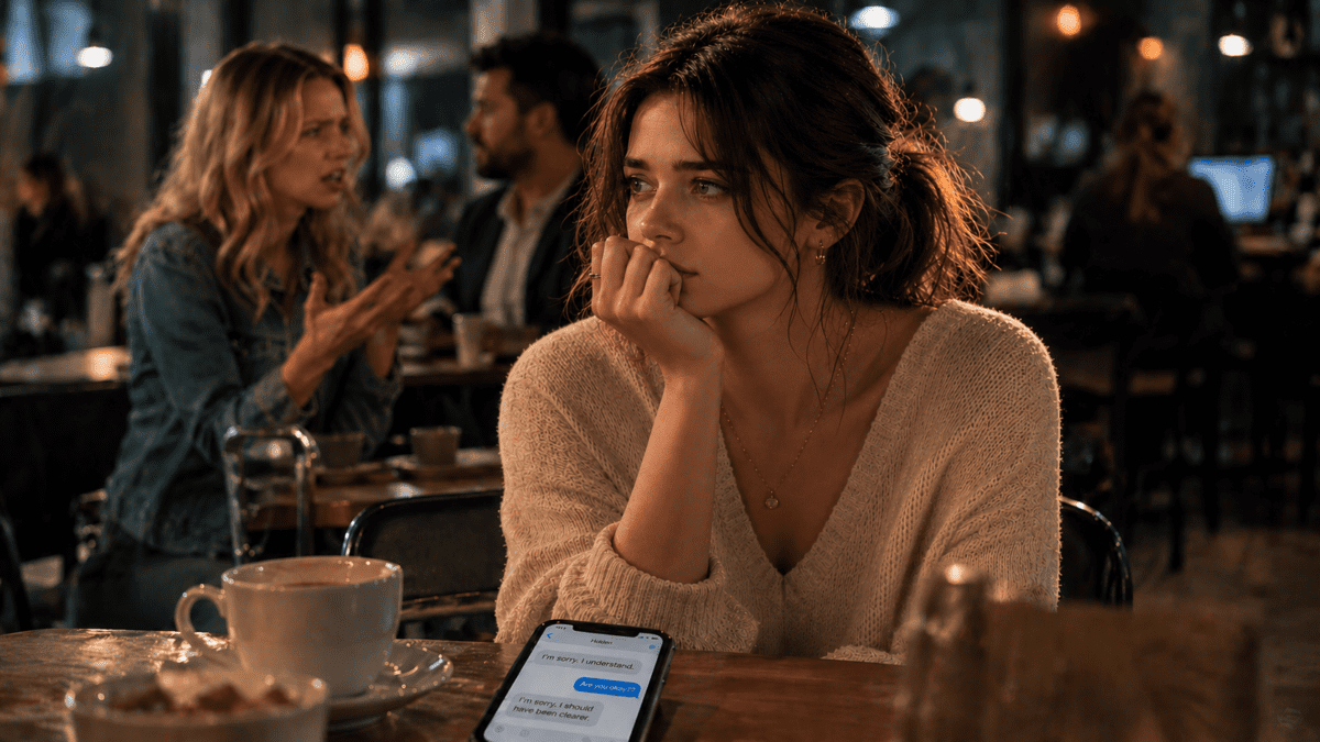 Woman apologizing for everything: sitting anxious in a café, phone full of repeated apology messages