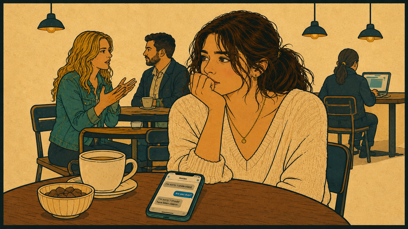Woman apologizing for everything: café alone with repeated apology messages on phone