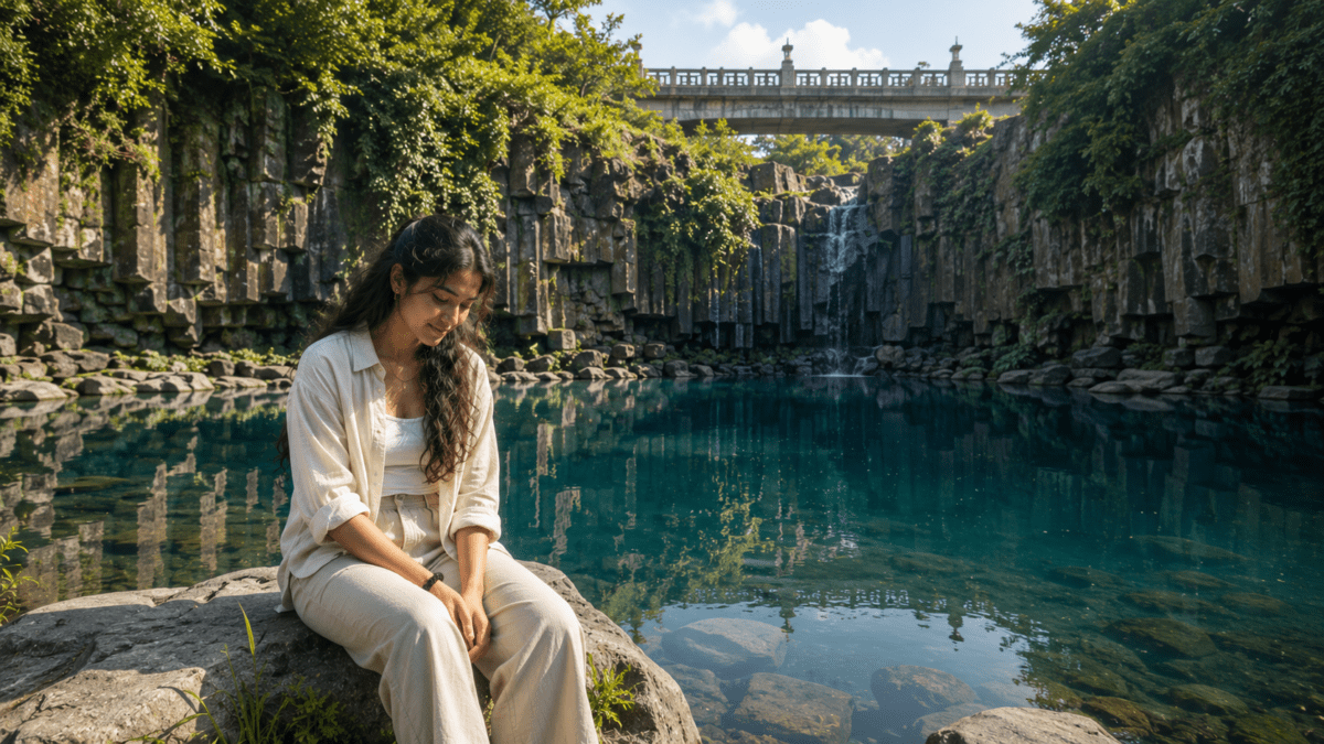 A modern minhwa-style illustration of a woman overlooking Jeju’s coastal cliffs at sunset, surrounded by basalt rocks and calm blue waves.
