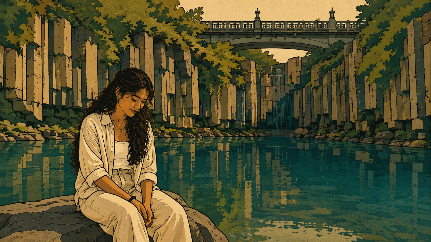 A modern minhwa-style thumbnail illustration featuring a contemplative woman, volcanic cliffs, and a calm coastal landscape inspired by Jeju Island.