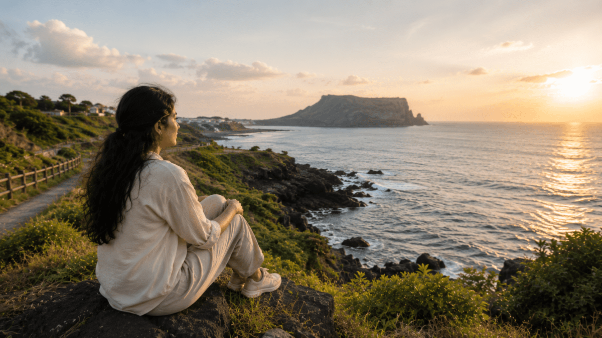A modern minhwa-style illustration of a woman sitting quietly on a coastal cliff, gazing over Jeju’s calm blue sea and volcanic landscape at sunset.