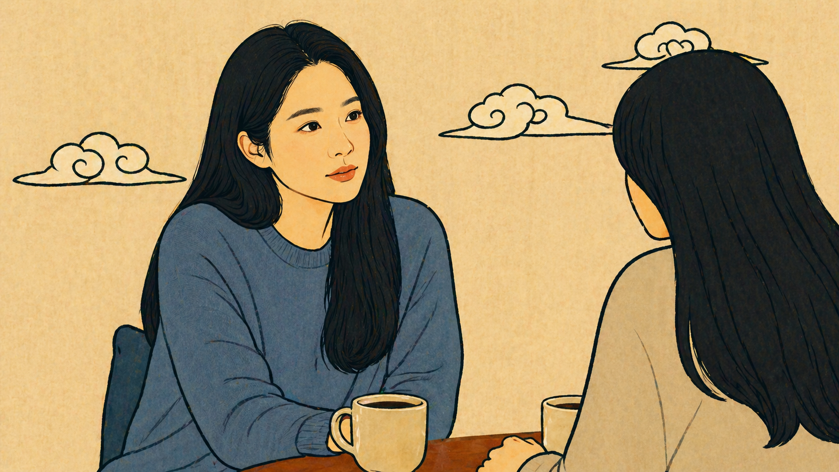 Two women sharing a warm conversation over tea, illustrated in a soft, contemplative style with Korean aesthetic clouds, representing how attachment style shapes the way we connect and communicate in relationships.