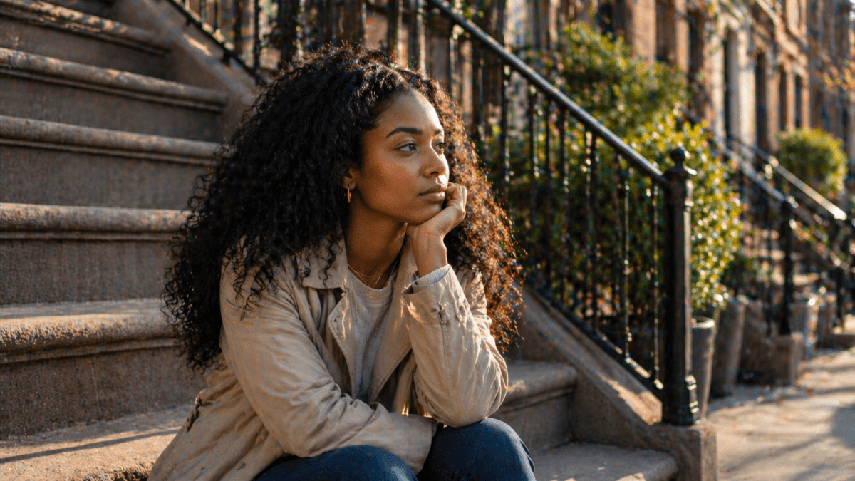 A woman sitting on urban steps in a reflective moment, gazing thoughtfully into the distance with a calm awareness, representing the recognition and self-understanding of how attachment styles shift across different relationships and contexts.