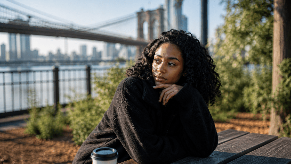 A woman sitting alone by a waterfront with a bridge in the background, lost in contemplative reflection, representing the journey of understanding and integrating different attachment styles within oneself, recognizing patterns and patterns that shift across relationships.