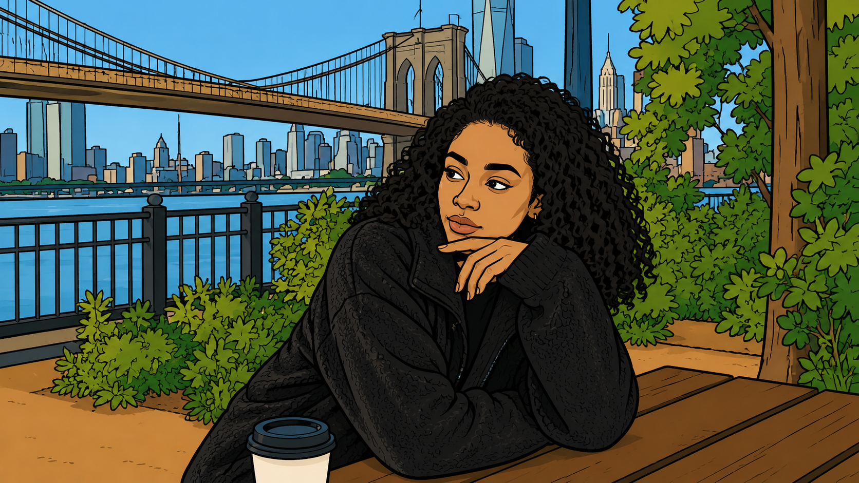 A woman sitting by a waterfront overlooking a city and bridges, illustrated in a warm artistic style with nature surrounding her, representing the final understanding that attachment styles are flexible, learned patterns that shape how we connect and can be transformed through awareness and safe relationships.