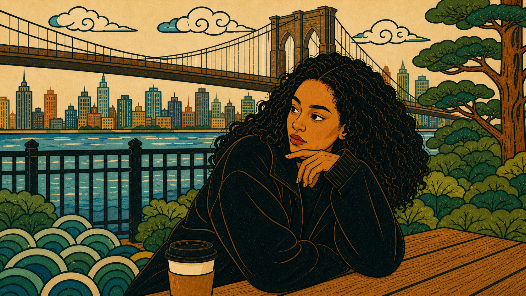 A woman sitting by a waterfront overlooking a city and bridges, illustrated in a warm artistic style with nature surrounding her, representing the final understanding that attachment styles are flexible, learned patterns that shape how we connect and can be transformed through awareness and safe relationships.