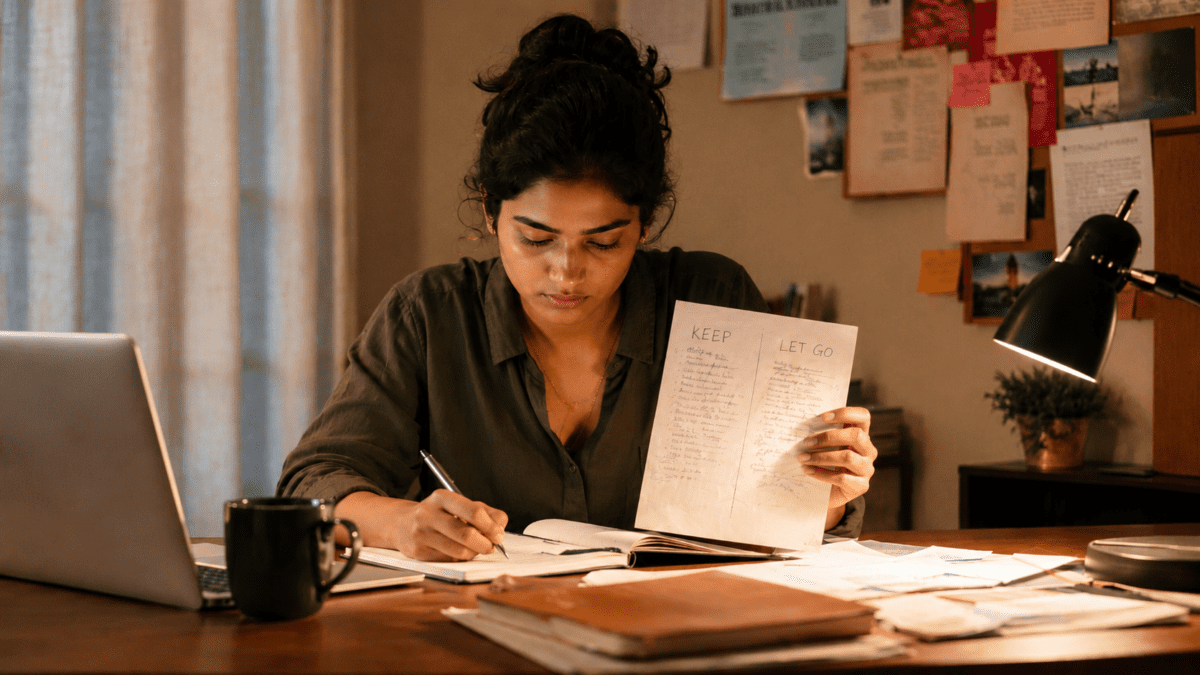 Woman reviewing a handwritten Keep and Let Go list at her desk, capturing the final review in the autumn transition cycle.