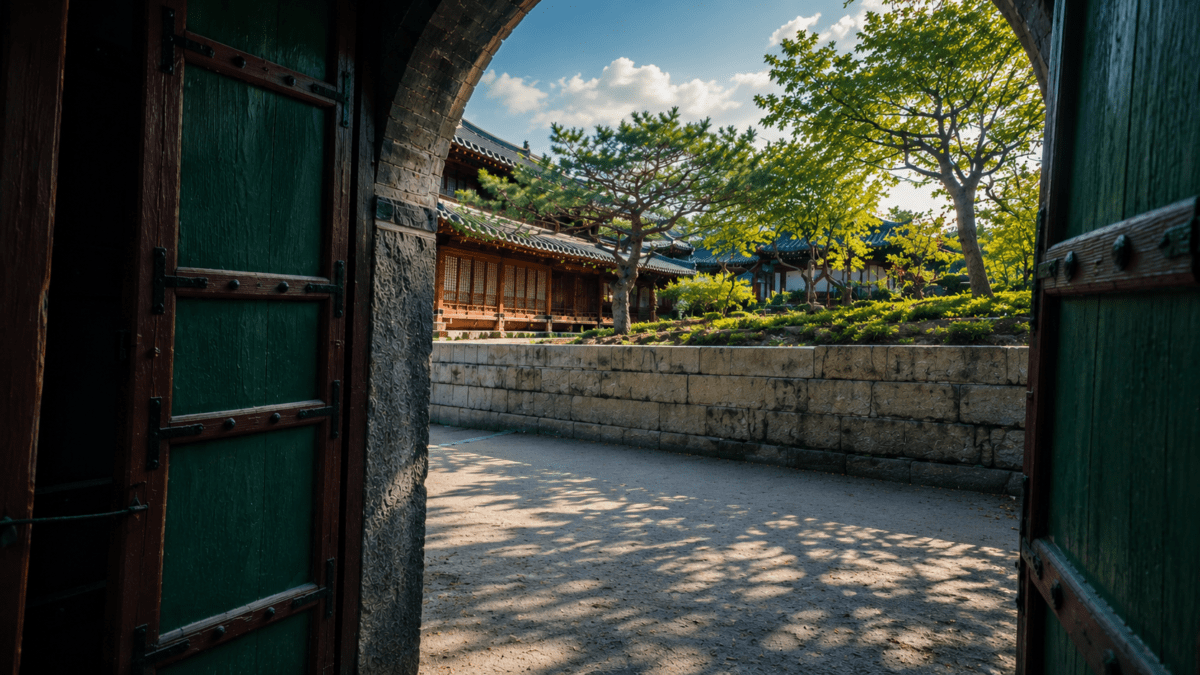 Open gate framing a hanok courtyard and trees in late summer light, anchoring the autumn transition cycle meaning.