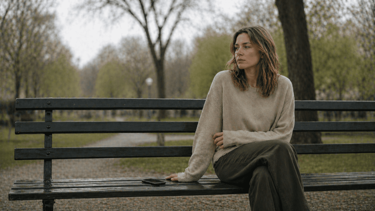 A woman sitting alone on a park bench in nature, gazing into the distance with a self-contained expression, representing the avoidant attachment style's preference for solitude and emotional self-sufficiency over intimate connection.