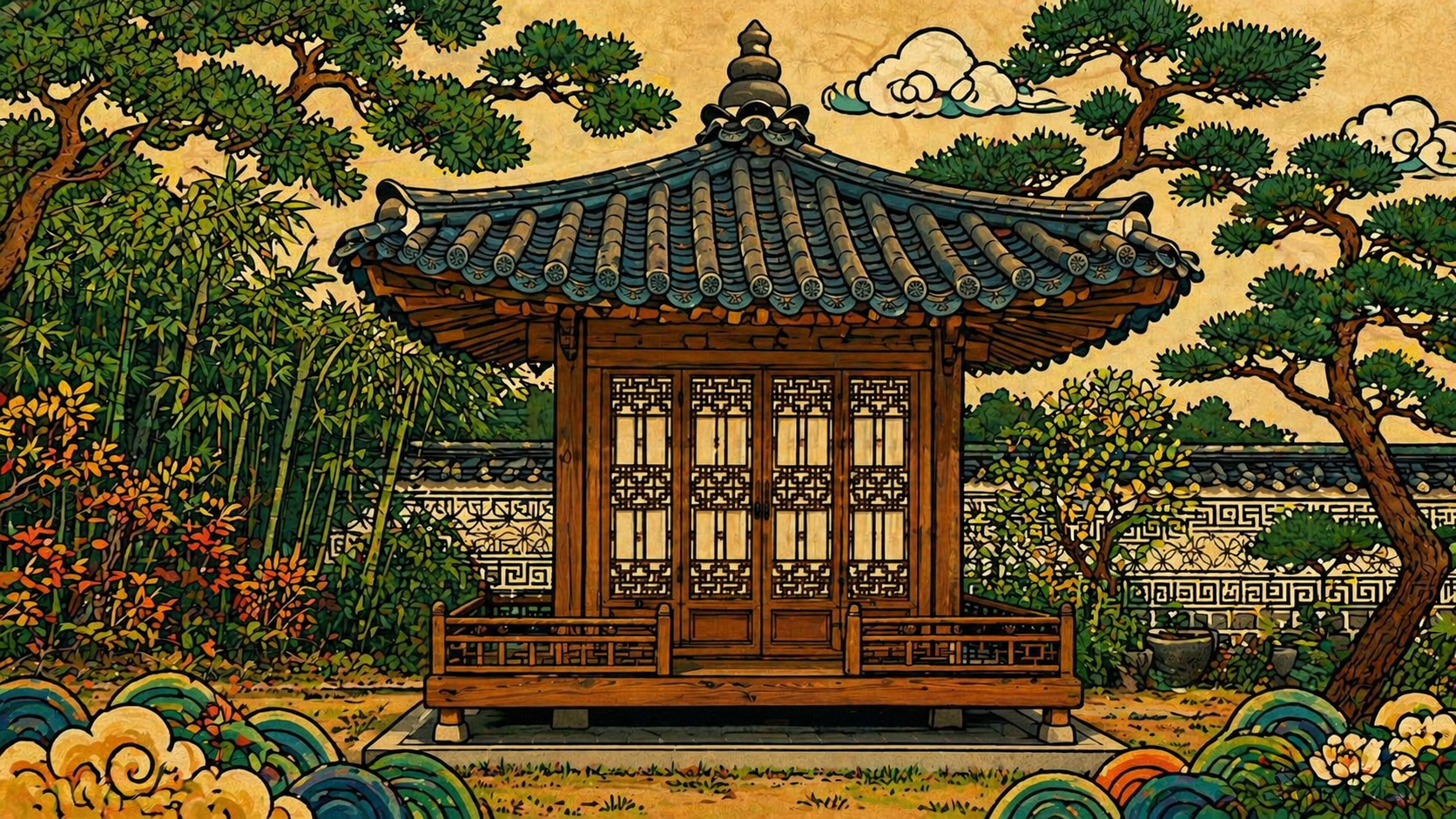 A serene traditional pavilion surrounded by trees, bamboo, and nature in an illustrated style with warm tones, representing the avoidant attachment style's value of autonomy, distance, and peaceful solitude in relationships.