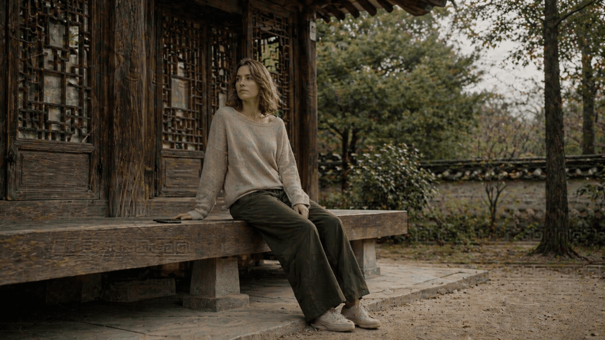 A woman sitting alone on a pavilion bench in a traditional Asian garden setting, gazing outward with a calm, composed expression, representing the avoidant attachment style's comfort with solitude and emotional independence.