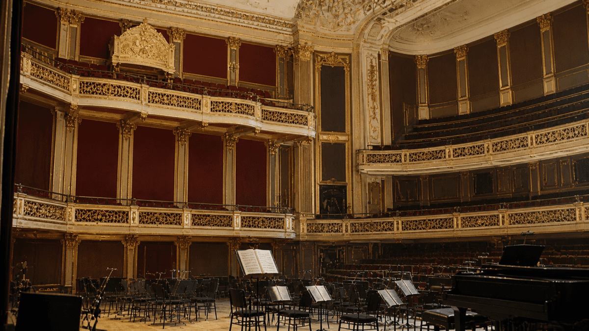 Grand European concert hall reflecting the international classical music world connected to Isang Yun.