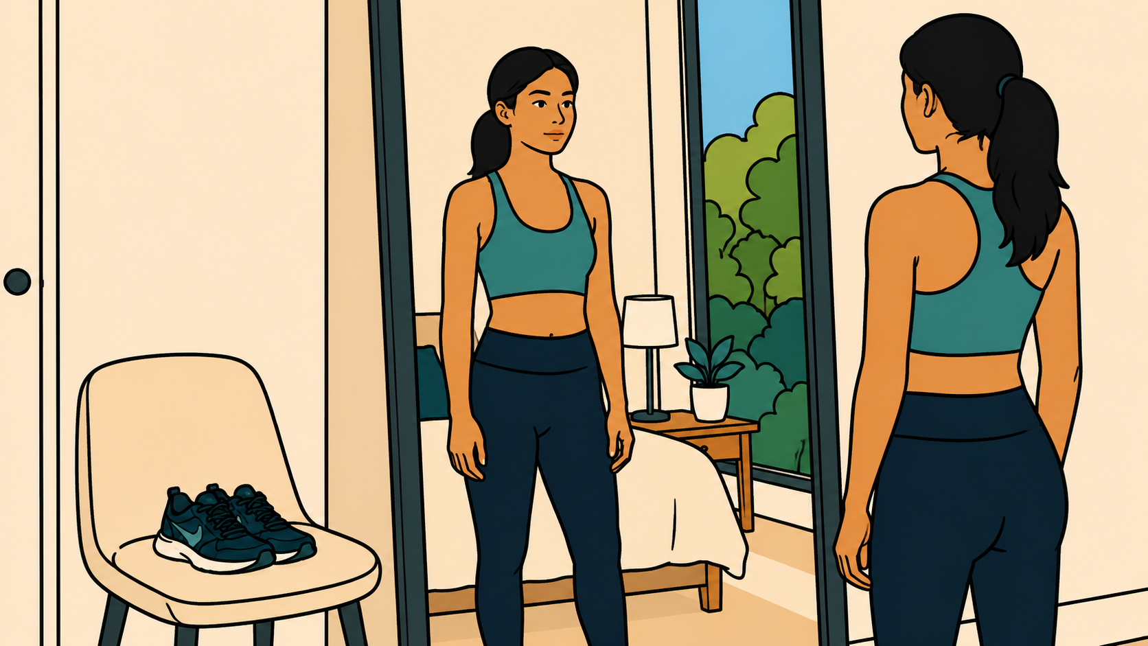 Minhwa-style illustration of a woman studying her reflection in the mirror, recognizing burnout as transition.