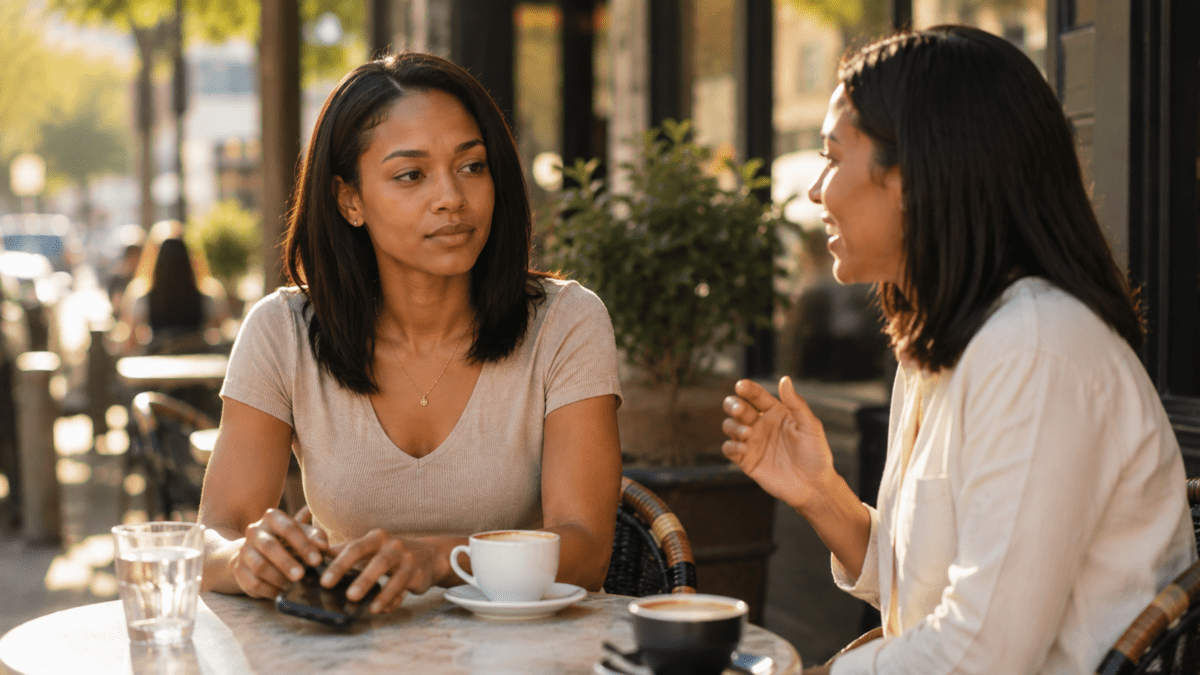 Woman distant at a café table while her friend talks, relationships turning to obligation as burnout blocks multiple areas.