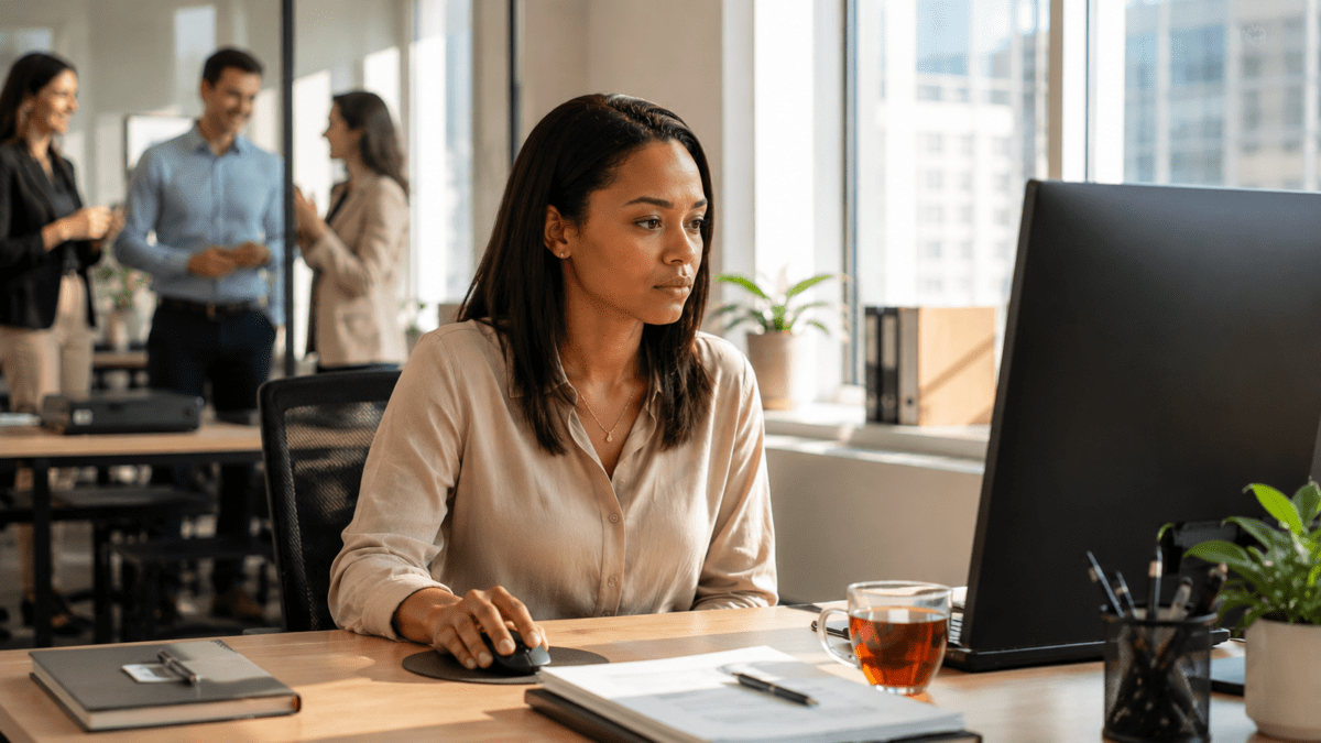 Woman distracted at her desk while coworkers celebrate, sensing burnout blocks multiple areas at once.