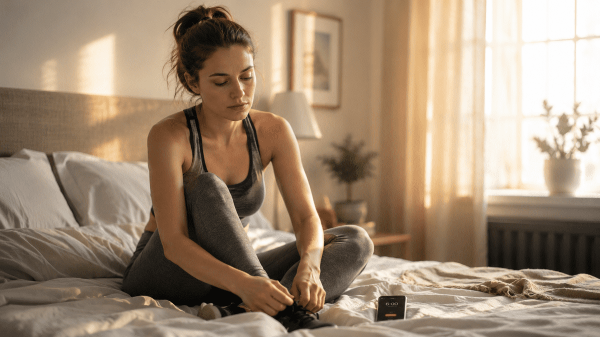 Woman sitting exhausted on her bed at 6 AM, her body registering the burnout timing cycle first.
