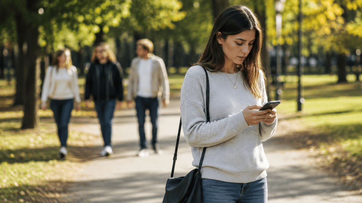 Woman walking alone with her phone while friends trail behind, distance growing in her burnout timing cycle.