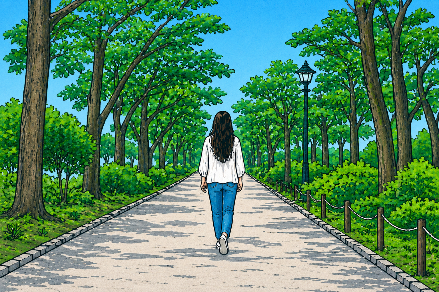 Woman in white shirt and blue jeans walks alone on a minhwa-style forest path, illustrating the burnout timing cycle—a solitary late twenties transition moment.
