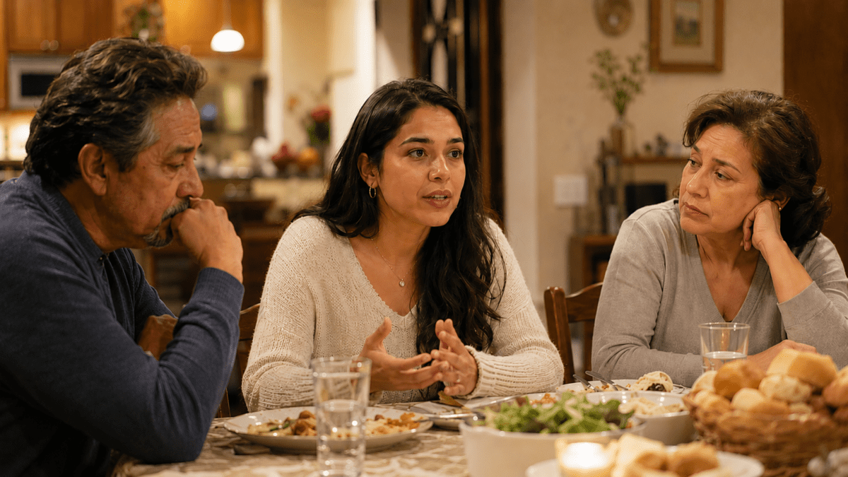Woman telling her parents at dinner that she's unhappy, the conversation before changing your major.
