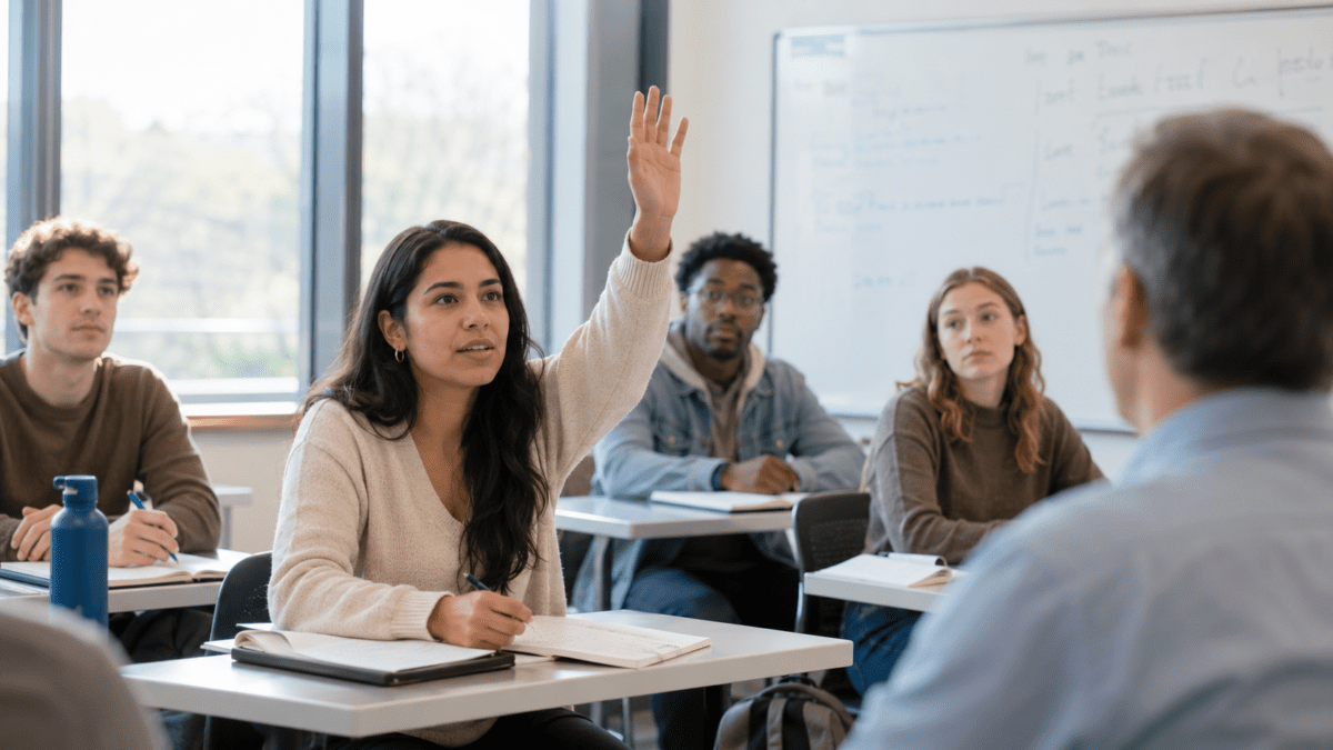 Student raising her hand in class, the first quiet sign of changing your major.