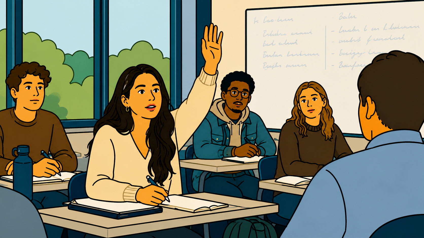 Minhwa-style illustration of a student speaking up, the moment before changing your major.