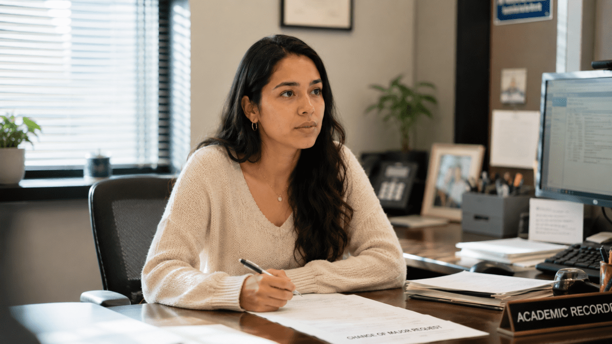 Woman holding a pen over a change of major form, finally choosing to change her major.