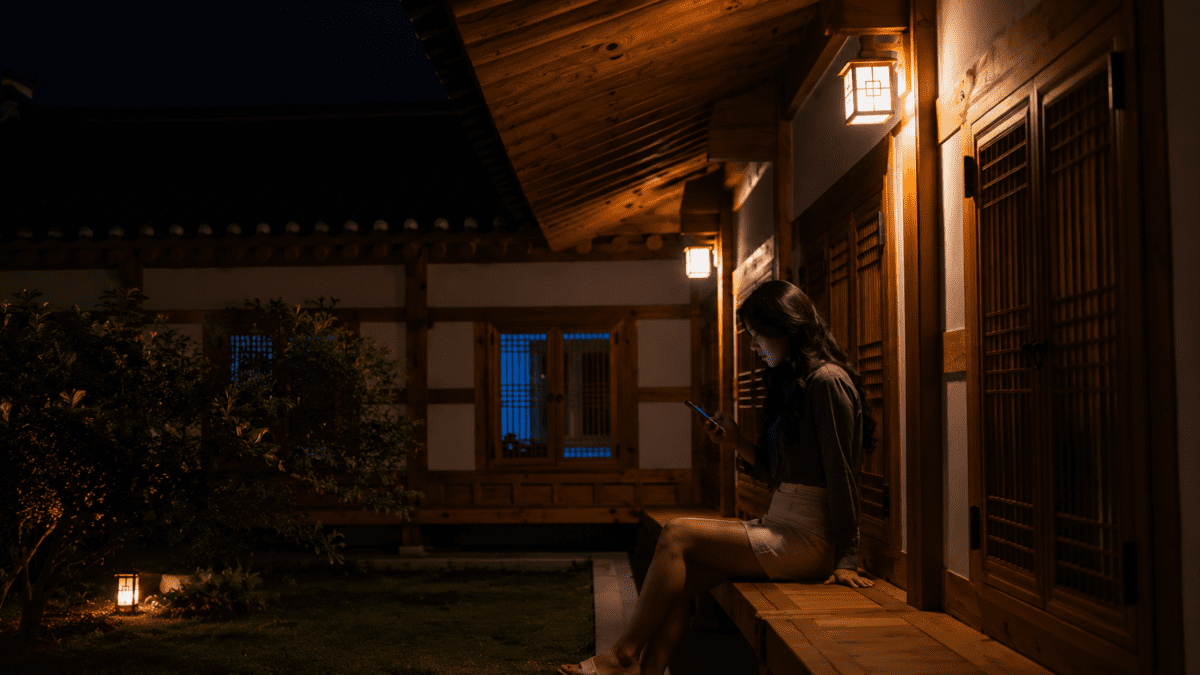 Woman compulsively checking her balance on her phone in a quiet hanok at night—the ritual that provides temporary relief but perpetuates the cycle of financial anxiety and avoidance.