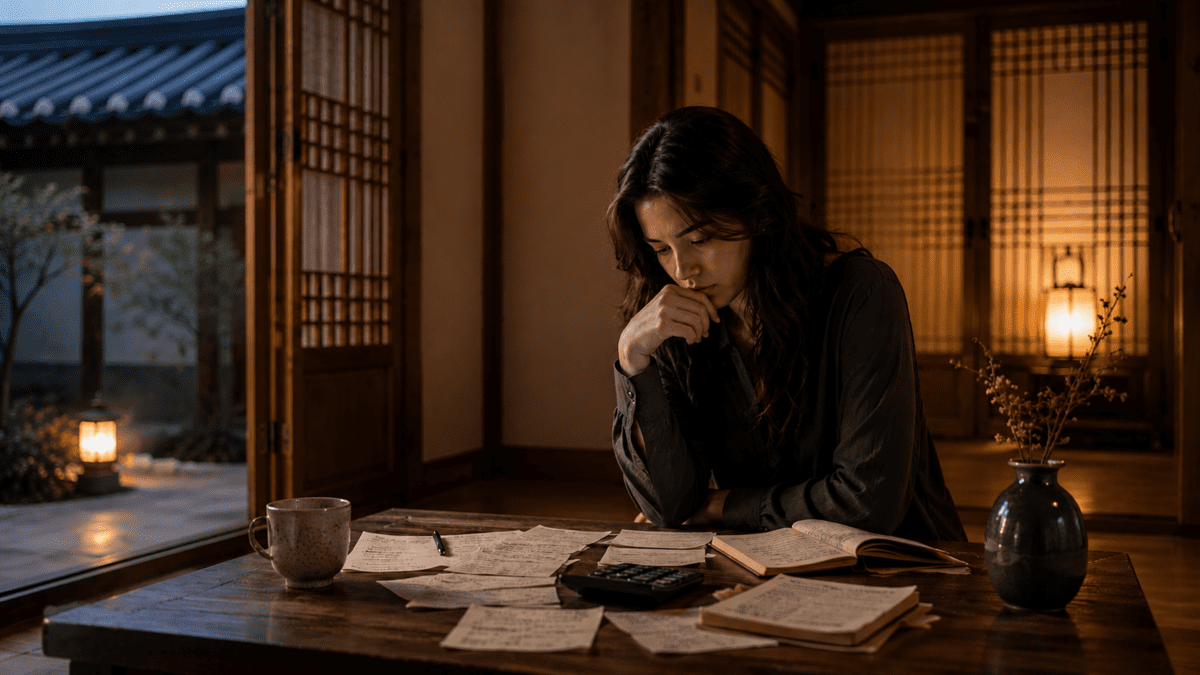 Woman sitting at a hanok table surrounded by financial documents and a calculator, her anxious expression capturing the moment when checking your balance becomes confronting the truth you're trying to avoid.
