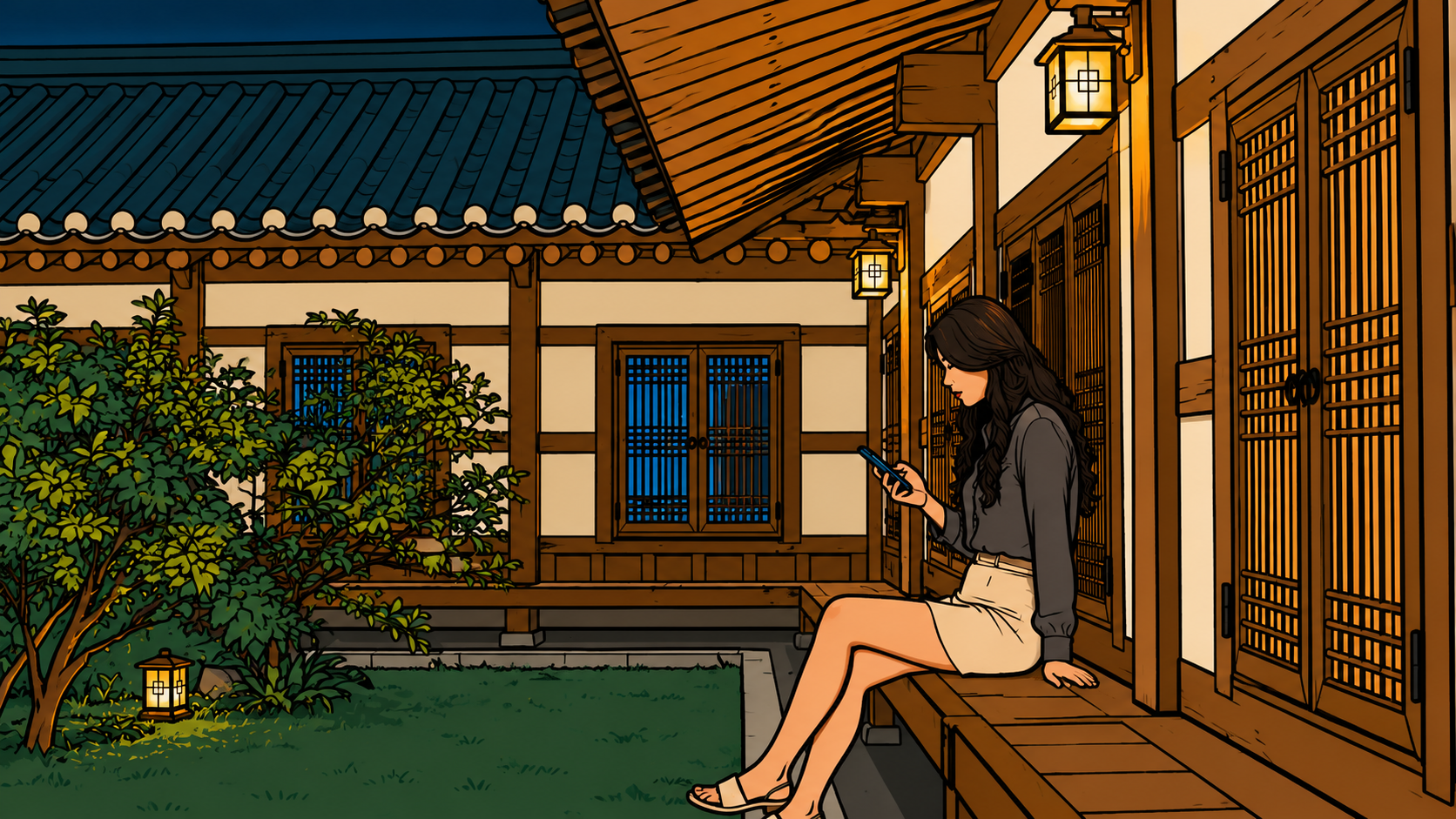 Korean folk art-style illustration of a woman checking her balance on her phone under the moonlight in a traditional hanok courtyard—the endless ritual that promises relief but delivers only more checking.