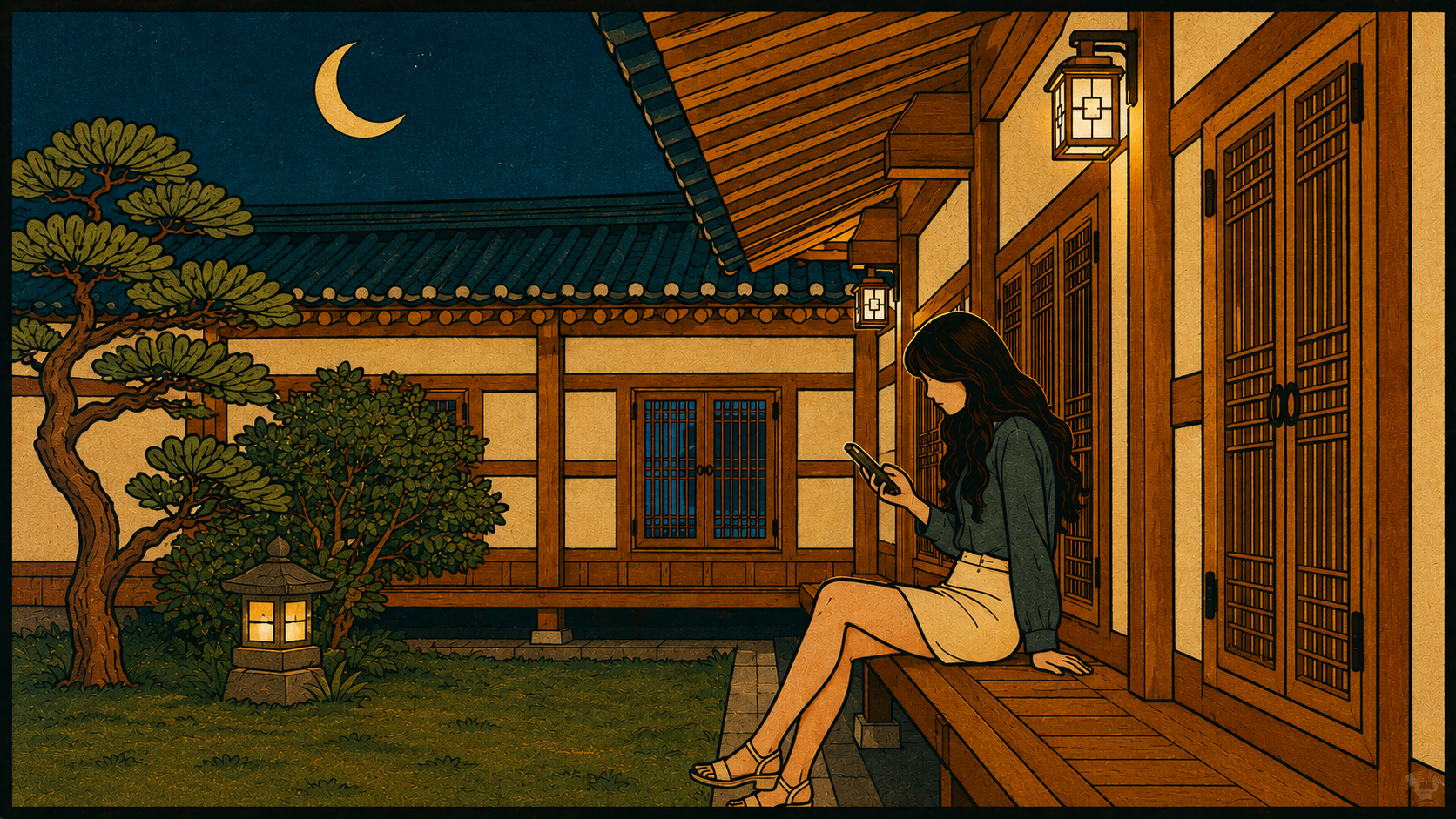 Korean folk art-style illustration of a woman checking her balance on her phone under the moonlight in a traditional hanok courtyard—the endless ritual that promises relief but delivers only more checking.