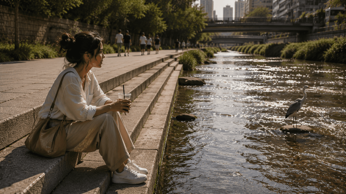 A woman sits on the stone steps beside Cheonggyecheon ecology, iced drink in hand, watching a heron standing in the shallows. Neither moves first.