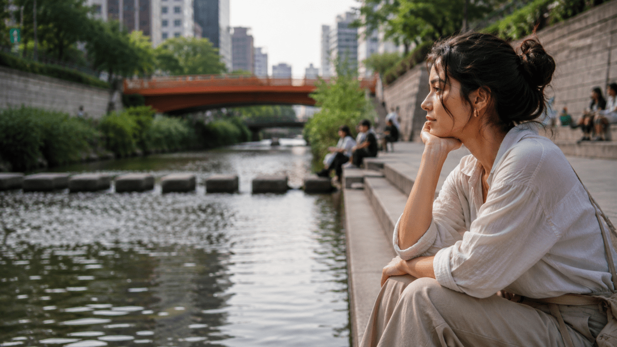 A woman sits alone on the stone path beside Cheonggyecheon ecology, chin in hand, watching the water. The city continues behind her. She doesn't move.
