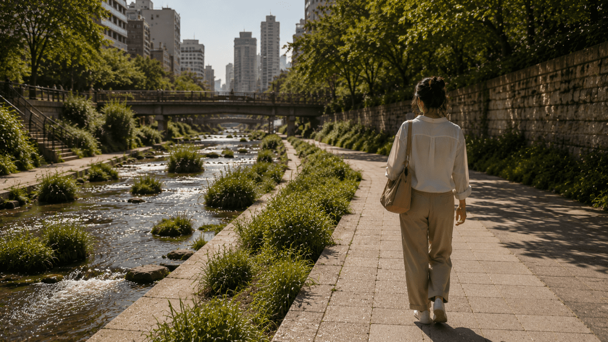A woman walks the path beside Cheonggyecheon ecology, back to the camera. Green reeds line the water. The city rises behind the bridge. She keeps walking.