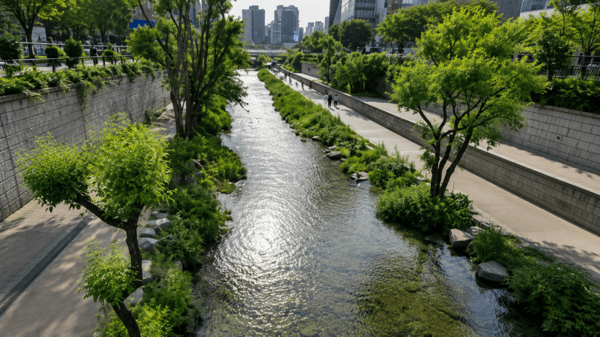 Stream path from above at midmorning, water moving between two walkways, a few people walking, city continuing above.